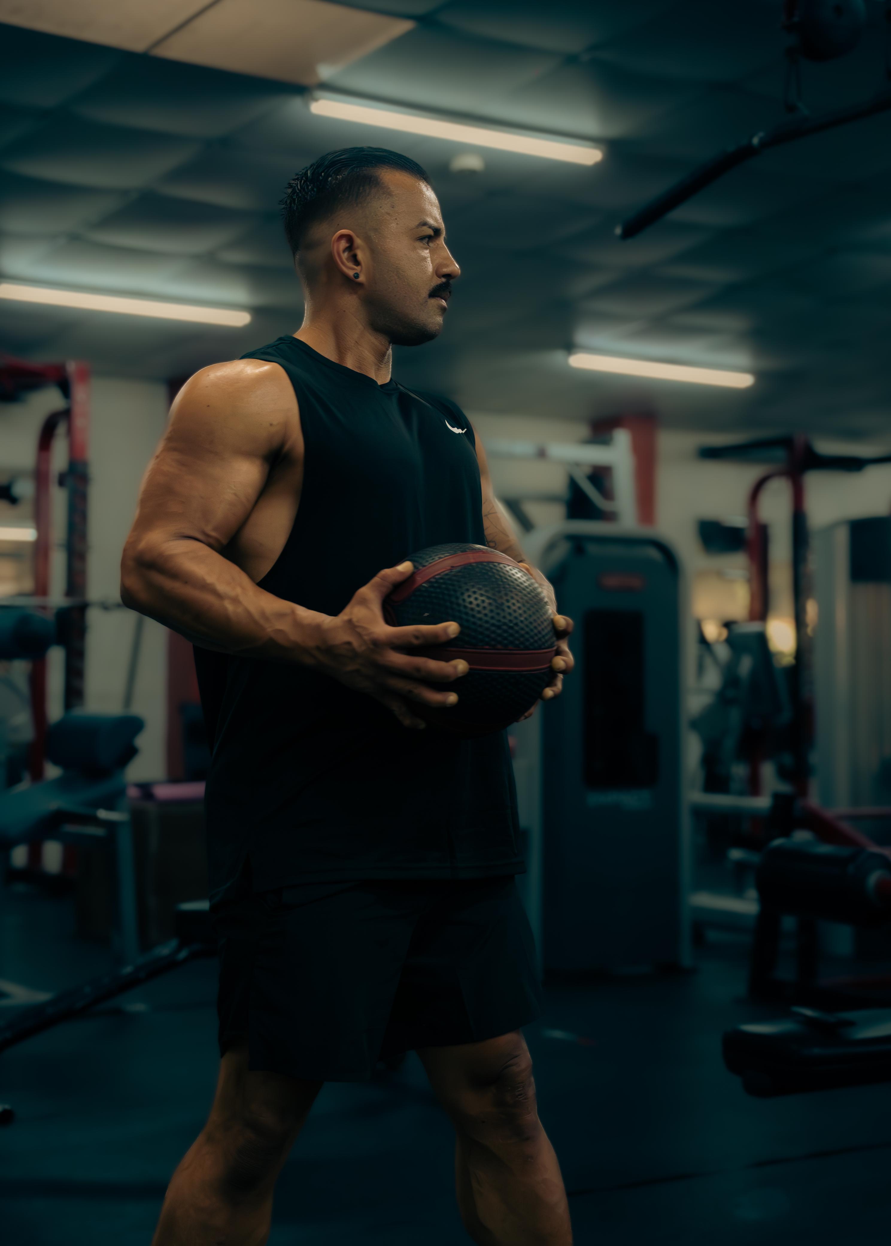 Hombre sosteniendo un balón medicinal en Elite Fitness Club, equipo completo al fondo
